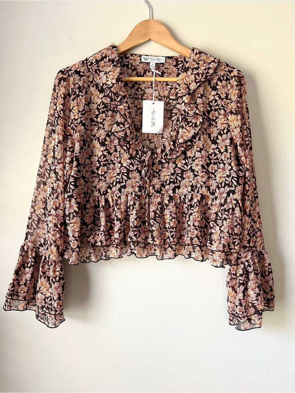 NWT Jessica Simpson Anthracite Stipple Floral Cropped Chiffon Blouse Medium M